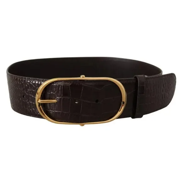 Dolce & Gabbana Brown Crocodile Pattern Leather Gold Oval Buckle Belt - Picture 4 of 7